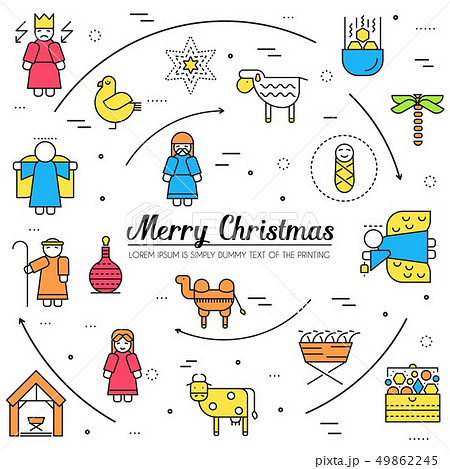 Merry Christmas thin line icons flat set background. Outline birth of Christ illustration background 49862245
