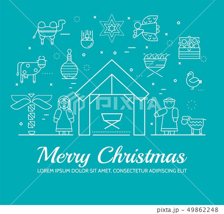 Merry Christmas thin line icons flat set background. Outline birth of Christ illustration background 49862248
