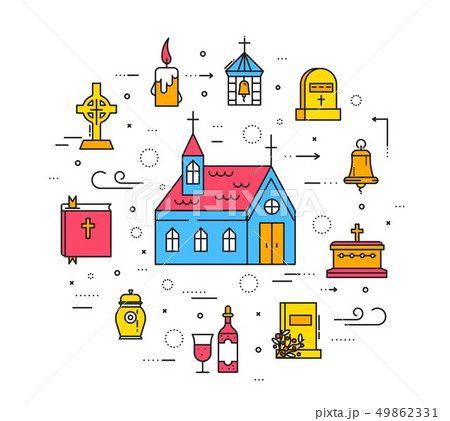 Cemetery with different graves and small Christian church in sunny day. Layout modern vector 49862331