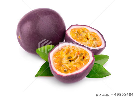 whole passion fruits and a half with leaves isolated on white background. Isolated maracuya whole passion fruits and a half with leaves isolated on white background. Isolated maracuya 49865484