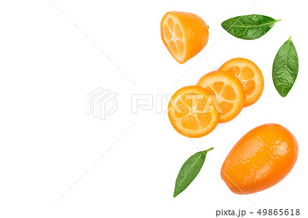 Cumquat or kumquat with slices isolated on white background with copy space for your text. Top view Cumquat or kumquat with slices isolated on white background with copy space for your text. Top view 49865618