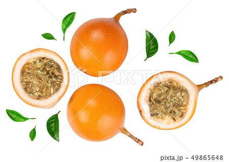 Granadilla or yellow passion fruit with leaf isolated on white background. Top view. Flat lay Granadilla or yellow passion fruit with leaf isolated on white background. Top view. Flat lay 49865648
