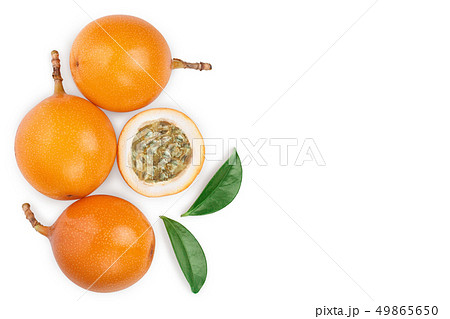 Granadilla or yellow passion fruit with leaf isolated on white background with copy space for your Granadilla or yellow passion fruit with leaf isolated on white background with copy space for your 49865650