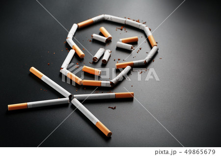 Skull from cigarettes on a black background. The 49865679