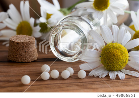 A bottle of homeopathic globules with chamomile 49866851