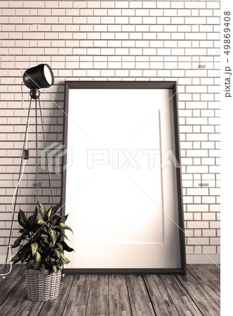 Frame and lamp on brick wall. 3D rendering Frame and lamp on brick wall. 3D rendering 49869408