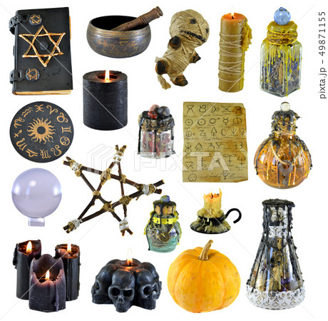 Design set with pentagram, pumpkin, witch book Design set with pentagram, pumpkin, witch book 49871155