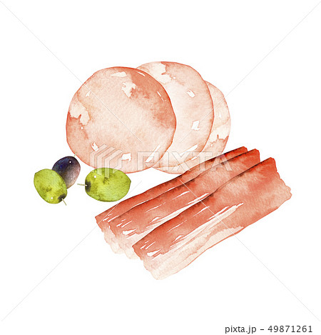 ハム ベーコン 豚肉 オリーブの実 水彩 イラストのイラスト素材 49871261 Pixta