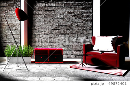 Living room loft style with red sofa and lamp 49872401