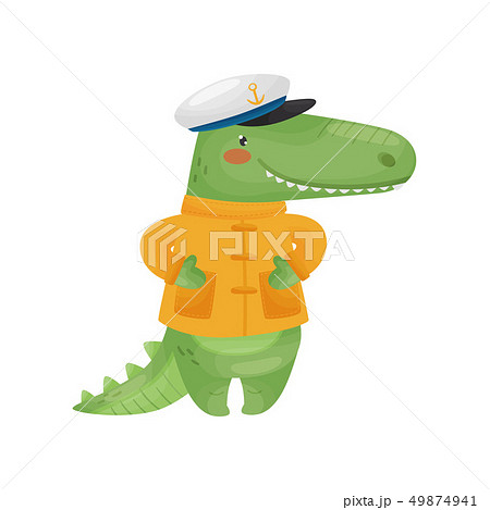 Crocodile sailor character in a cartoon style, in a yellow jacket with pockets and a cap. 49874941