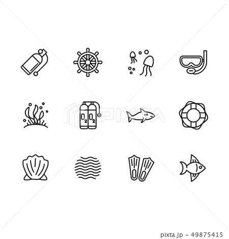 Simple set diving, snorkeling, swimming, sailing in sea illustration line icon. Contains such icon Simple set diving, snorkeling, swimming, sailing in sea illustration line icon. Contains such icon 49875415