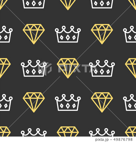 King crown and brilliant on seamless pattern background. Royal crown and diamond outline on black 49876798