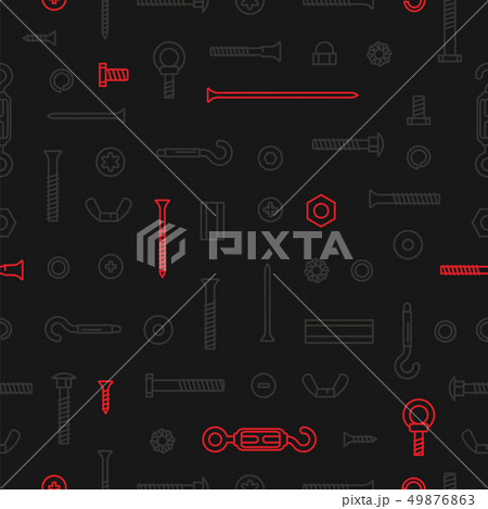 Pattern construction hardware, screws, bolts, nuts and rivets on black background. Equipment 49876863