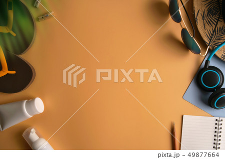 Flat lay, top view workspace with eye glasses, 49877664