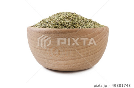 rosemary leaves in wooden bowl isolated on white rosemary leaves in wooden bowl isolated on white 49881748