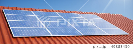 3D illustration solar panels on a red roof of a house. Solar panels with reflection beautiful blue 49883430