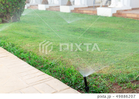Sprinkler in garden watering the lawn. Automatic Sprinkler in garden watering the lawn. Automatic 49886207