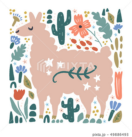 Cute Bohemian Llama Drawing With Floral Decorのイラスト素材