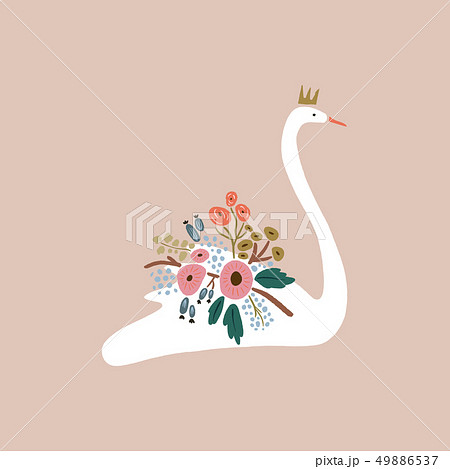 Beautiful White Swan Princess Or Queen With Crown のイラスト素材 49886537 Pixta