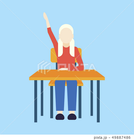 schoolgirl sitting desk female pupil raising hand during lesson education concept elementary school 49887486