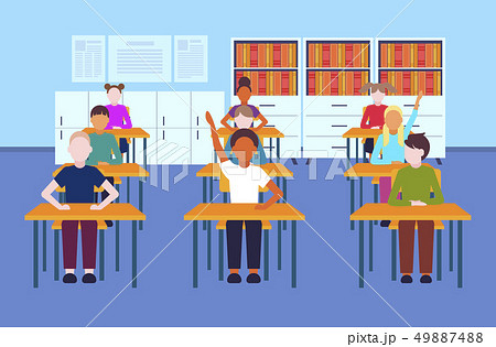 mix race pupils sitting desks raising hands during lesson education concept modern elementary school mix race pupils sitting desks raising hands during lesson education concept modern elementary school 49887488