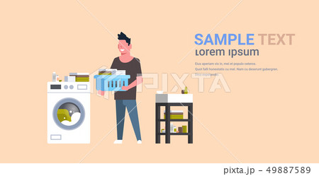 man with clothes basket standing near washing machine guy doing housework laundry room male cartoon 49887589