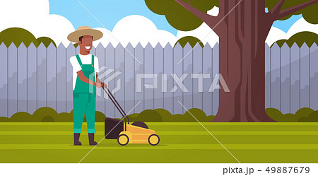 man gardener cutting green grass with lawn mover african american farmer moving garden backyard man gardener cutting green grass with lawn mover african american farmer moving garden backyard 49887679