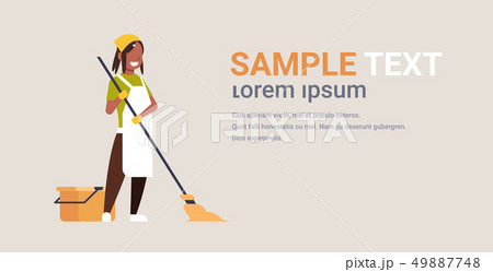woman in gloves and apron washing floor african american girl using mop housewife doing housework 49887748