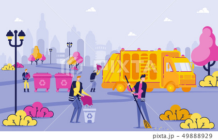 Garbage Collection Workers Clean Park Cartoon Flat Garbage Collection Workers Clean Park Cartoon Flat 49888929