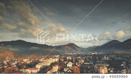 Mountain bottom homestead cottage town aerial view Mountain bottom homestead cottage town aerial view 49889960