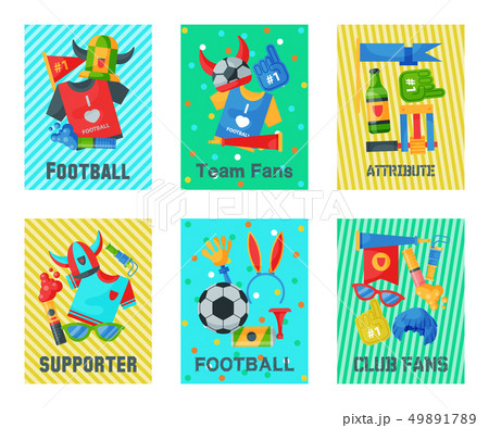 Football fan attributes set of cards, banners vector illustration. Soccer sport fan attribute rooter Football fan attributes set of cards, banners vector illustration. Soccer sport fan attribute rooter 49891789