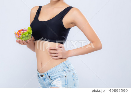 Closeup body beautiful asian woman holding salad Closeup body beautiful asian woman holding salad 49895590