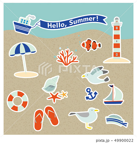 マリンテイスト 夏の素材セット 砂浜のイラスト素材