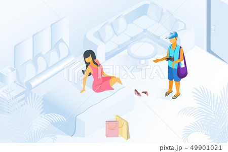 Woman on Bed Man Wait at Modern Room Illustration Woman on Bed Man Wait at Modern Room Illustration 49901021