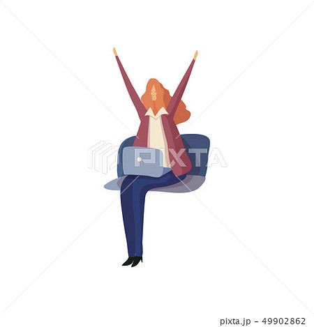 Business woman sitting with a laptop stretches. Vector illustration. 49902862
