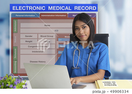 Female doctor with patient blank form of Female doctor with patient blank form of 49906334