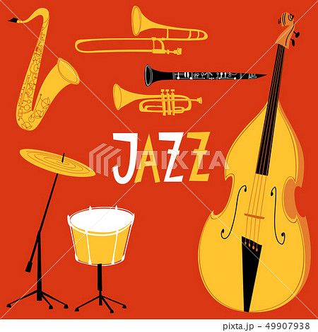 Vector jazz poster with musical instruments in flat retro style. 49907938