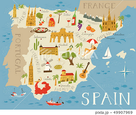 Vector high detailed vector map of Spain with cities and symbols of Spain. Vector high detailed vector map of Spain with cities and symbols of Spain. 49907969