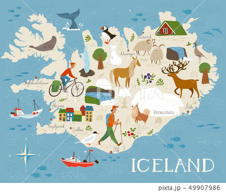 Vector high detailed vector map of Iceland with animals and landscapes. Animals of north. Vector high detailed vector map of Iceland with animals and landscapes. Animals of north. 49907986