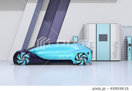 水素ステーションに水素ガスを充てんしている自動運転FCVのイメージ 49909616