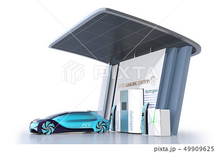 ソーラーパネルが備えている水素ステーションに水素ガスを充てんしている自動運転FCVのイメージ 49909625