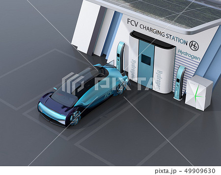 ソーラーパネルが備えている水素ステーションに水素ガスを充てんしている自動運転FCVのイメージ 49909630