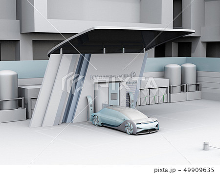 水素ステーションに水素ガスを充てんしている自動運転FCVのクレイレンダリングイメージ 水素ステーションに水素ガスを充てんしている自動運転FCVのクレイレンダリングイメージ 49909635