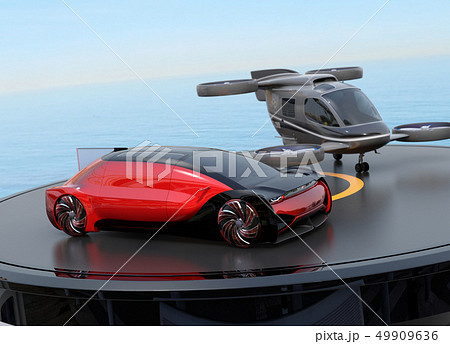 ヘリポートに自動運転車と空飛ぶタクシーのイメージ。MaaSのコンセプト ヘリポートに自動運転車と空飛ぶタクシーのイメージ。MaaSのコンセプト 49909636