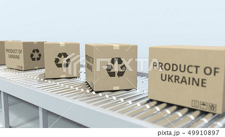 Boxes with PRODUCT OF UKRAINE text on roller conveyor. Ukrainian import or export related 3D 49910897