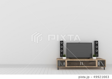 TV on the white wall in modern living room interio 49921663