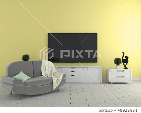 TV on the cabinet - modern living room on yellow w 49923831