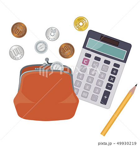お財布・がま口から出てくる硬貨と電卓と鉛筆のイラスト（皮）｜金融・金欠・ファイナンスのイメージ 49930219