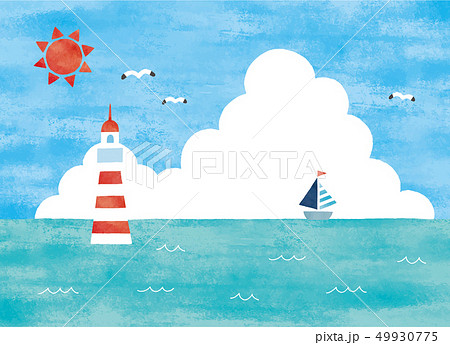 夏の海と燈台の景色水彩のイラスト素材
