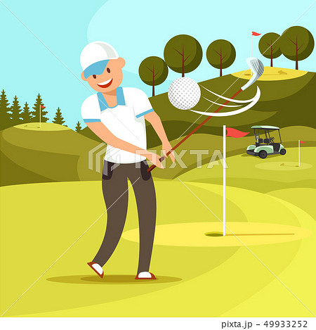 Smiling Man in White Sport Uniform Hit Golf Ball. Smiling Man in White Sport Uniform Hit Golf Ball. 49933252